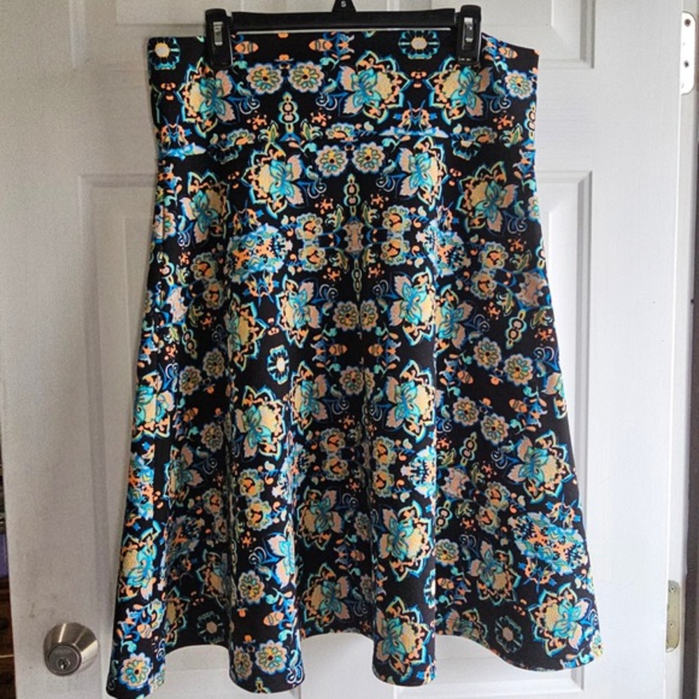 LuLaRoe Azure Skirt XL 16 18 Black Blue Orange Floral‎ Kaleidoscope A-Line